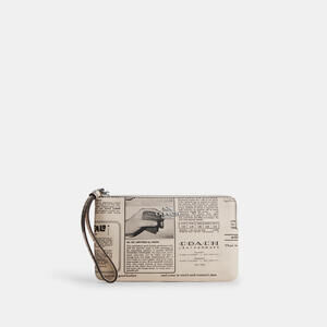 Coach Outlet Large Corner Zip Wristlet With Newspaper Print NWT